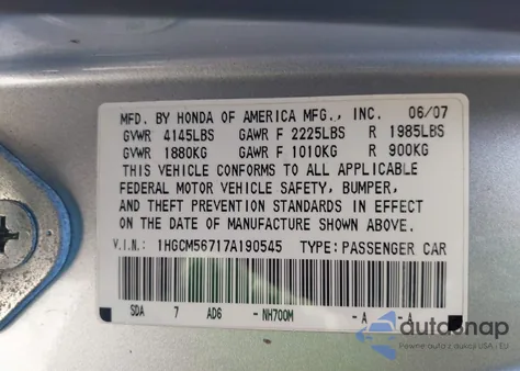 2007 Honda Accord 2.4 Ex из США, поврежденный, VIN 1HGCM56717A190545